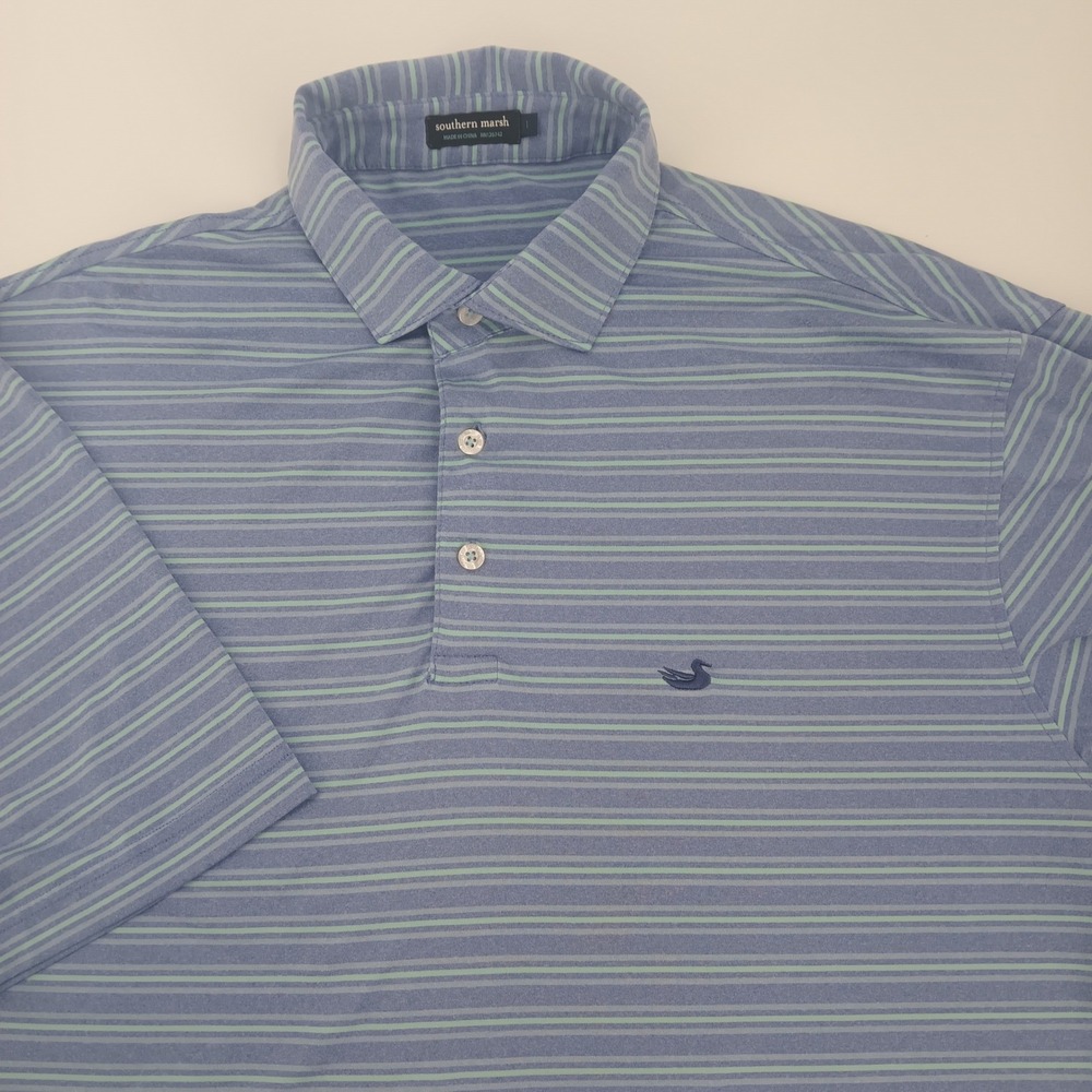 Southern Marsh Mens Large Blue Green Striped Short Sleeve Performance Polo Shirt